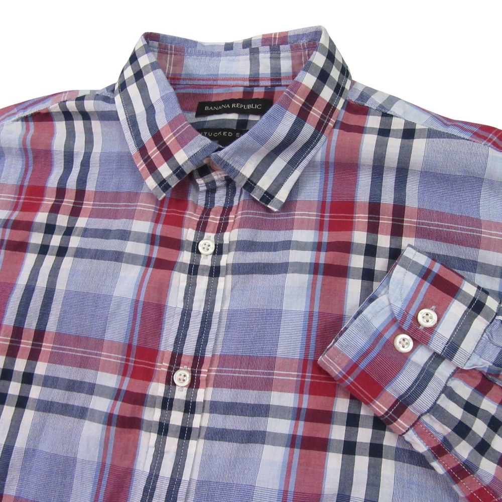 Banana Republic Mens Button Up Shirt L Slim Red Blue Plaid Lightweight Cotton